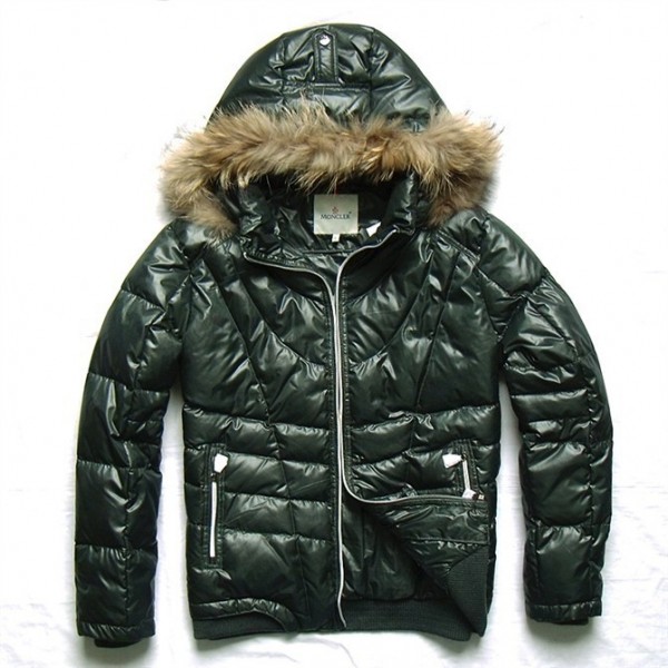 Moncler verde scuro collo di pelliccia e zip Uomo Giacche uscita